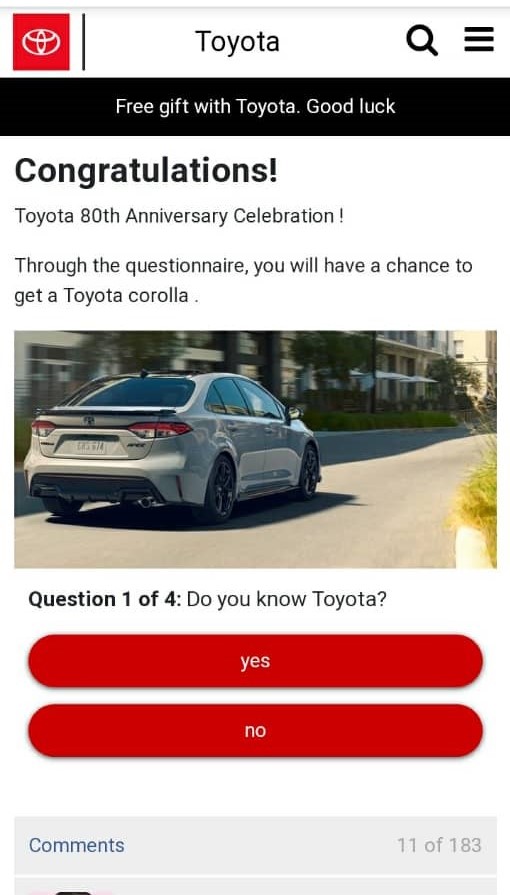 HOAX: A site offering cars and gifts as part of Toyota’s 80th anniversary celebration is a scam HOAX: A site offering cars and gifts as part of Toyota’s 80th anniversary celebration is a scam