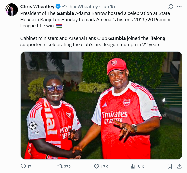 Arsenal EPL victory party at State House gets Gambians online talking amid power cuts